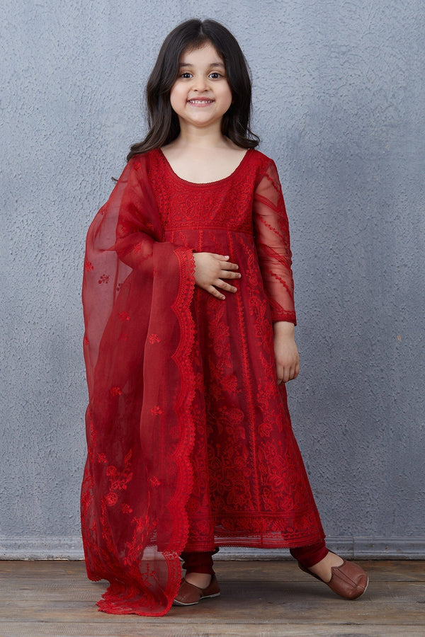 Red Silk Organza Surkh Paavni Anarkali Set For Girls