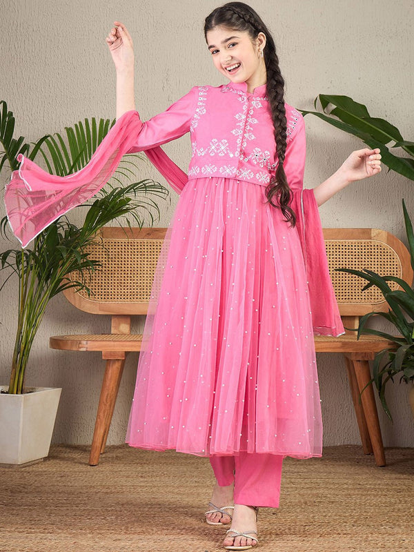 Girls Ethnic Motifs Embroidered Empire Mirror Work Kurta with Trousers & With Dupatta