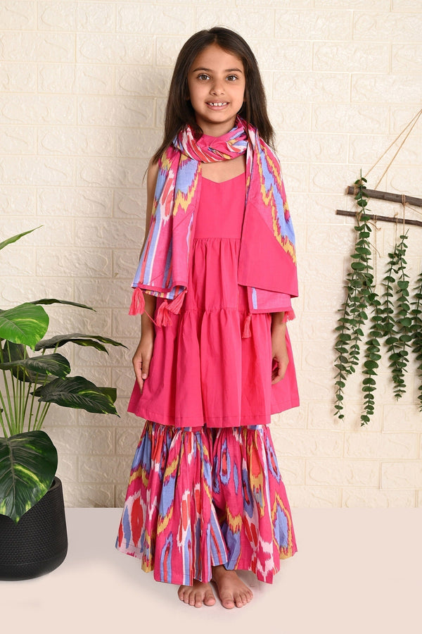 Pink Cotton Printed Ikat Picasso Solid Kurta Sharara Set For Girls