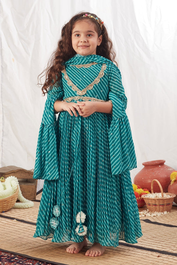 Blue Chiffon Leheriya Stripe Pattern Anarkali With Dupatta For Girls