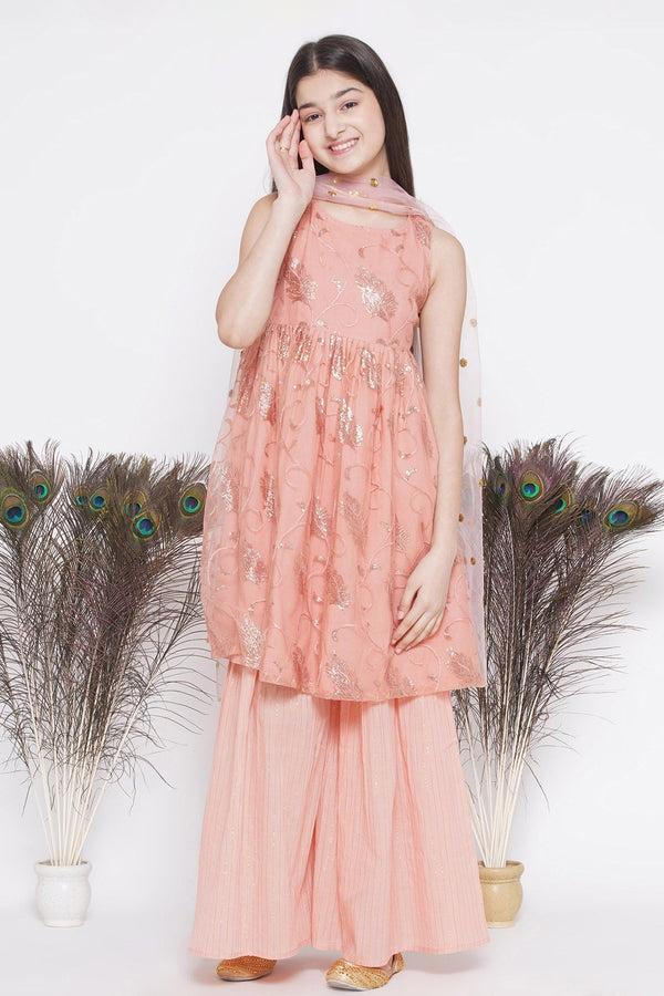 Peach Kurta Frock: Net On Cotton Sharara Set For Girls