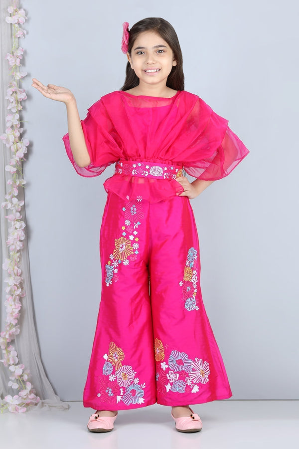 Pink Organza Embroidery Floral Pleated Top And Pant Set For Girls