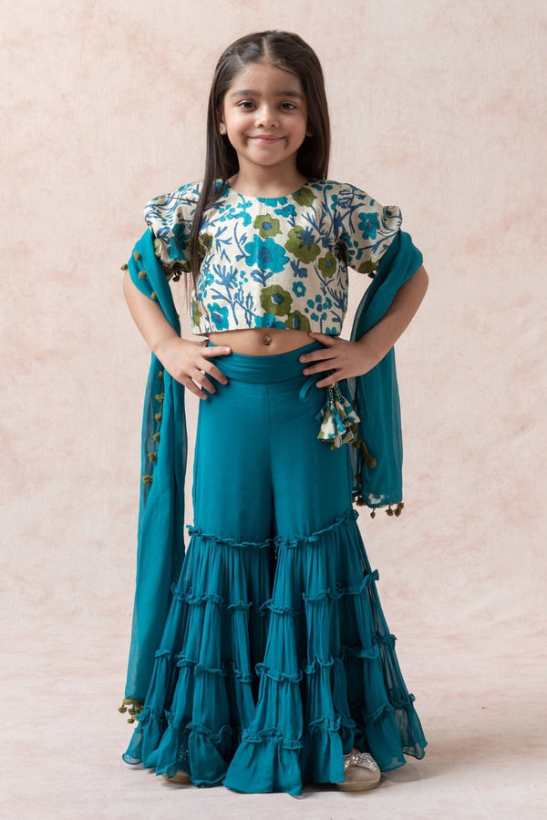 Blue Tussar Silk Floral Blouse Gharara Set