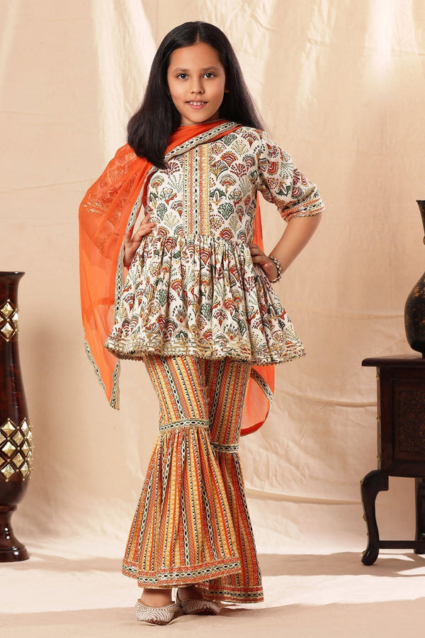 Multi Color Kurta And Sharara: Viscose Cotton Botanic Frock Set For Girls