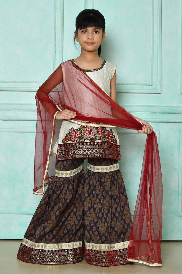Off White Kurta: Art Silk Embroidered Floral Pattern Gharara Set For Girls