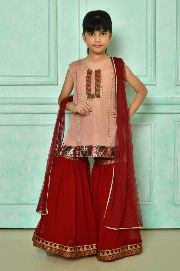 Peach Kurta And Dupatta: Net Embroidered Gota Work Gharara Set For Girls