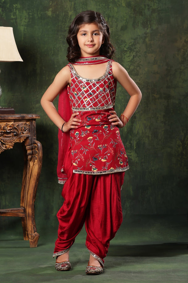 Red Kurta Viscose Cotton Printed Floral Sleeveless Patiala Salwar Set
