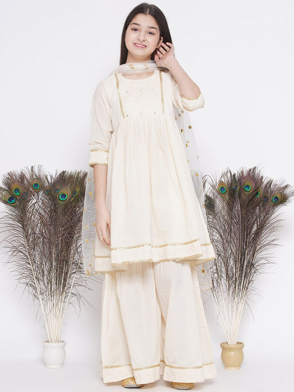 Girls Regular Thread Work Pure Cotton Kurta With Sharara & Dupatta