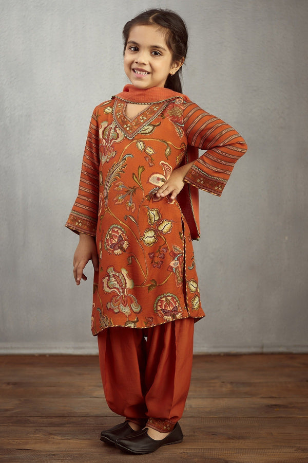 Orange Cotton Silk Chanderi Printed Kurta Set For Girls