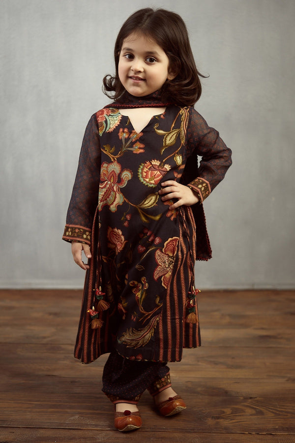 Black Cotton Silk Chanderi Printed Kurta Set For Girls