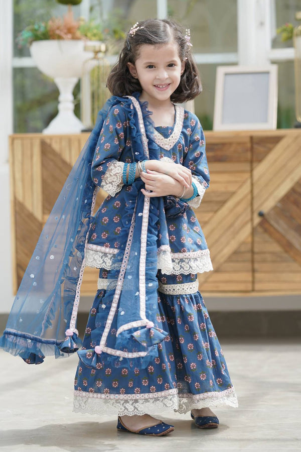 Blue Cotton Printed Floral Motifs Kurta Sharara Set For Girls