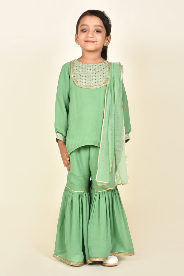 Green Georgette; Lining: Crepe Embroidery Yoke Kurta Sharara Set For Girls
