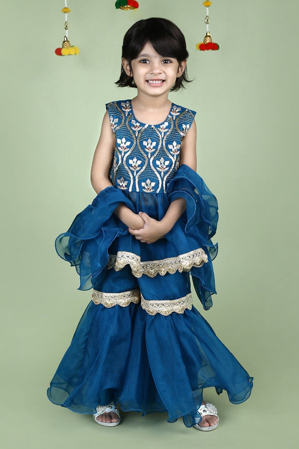 Blue Organza Embroidered Floral Peplum Kurta Sharara Set For Girls