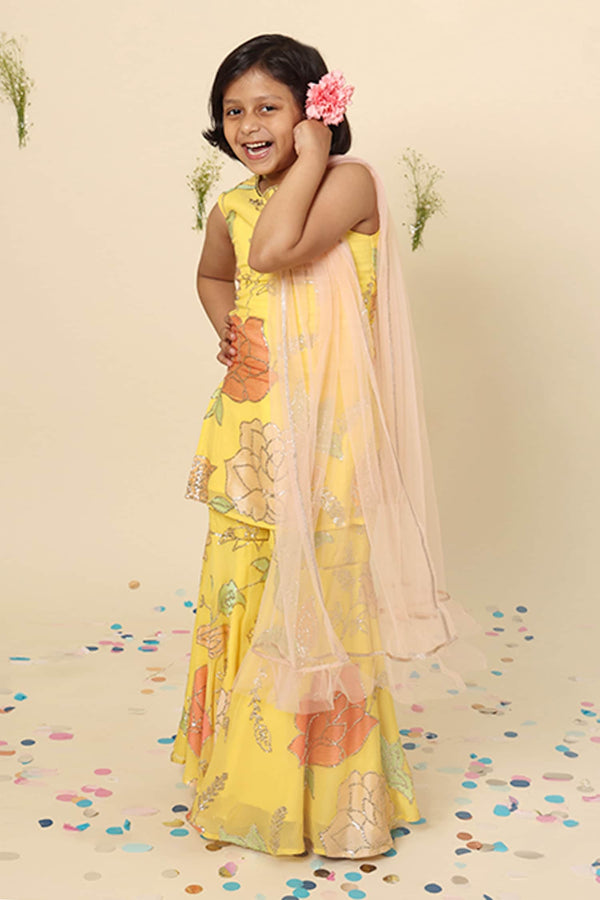 Yellow Georgette Embroidered Floral Motifs Kurta Sharara Set For Girls
