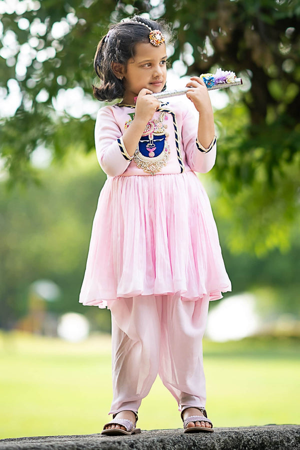 Pink Georgette Embroidered Temple Nath Angrakha And Dhoti Pant Set For Girls