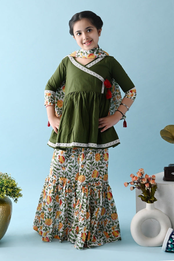 Green Cotton Plain Tisha Kurta Sharara Set For Girls