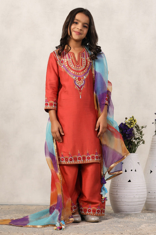 Silk Yoke Embroidered Kurta Set For Girls