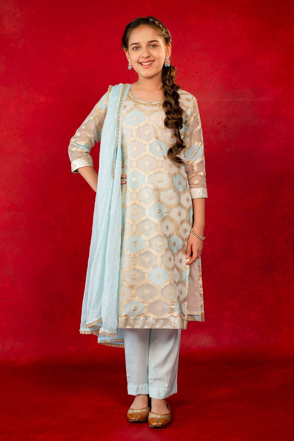 Blue Organza Woven Floral Quatrefoil Pattern Straight Kurta Set