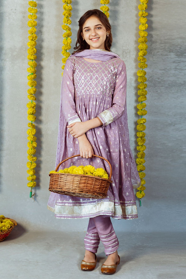 Purple Cotton Woven Floral Trellis Pattern Yoke Anarkali Set