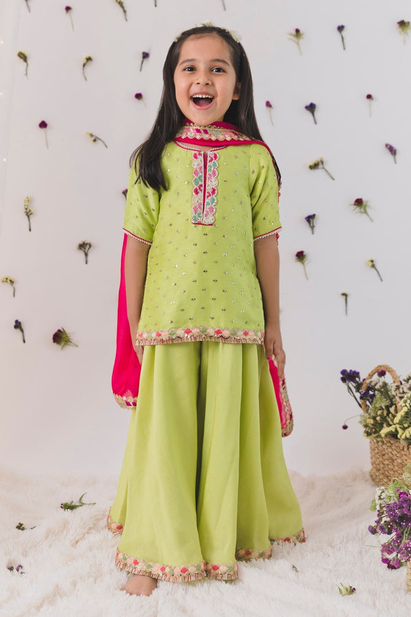 Green Silk Embroidered Sequin Embellished Kurta Sharara Set