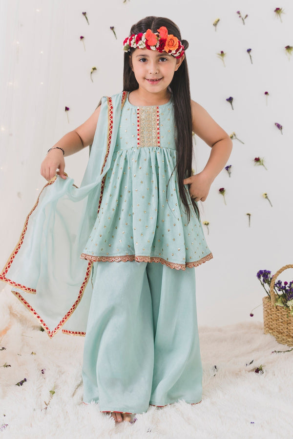 Green Silk Embroidered Sequin Work Peplum Kurta Sharara Set For Girls
