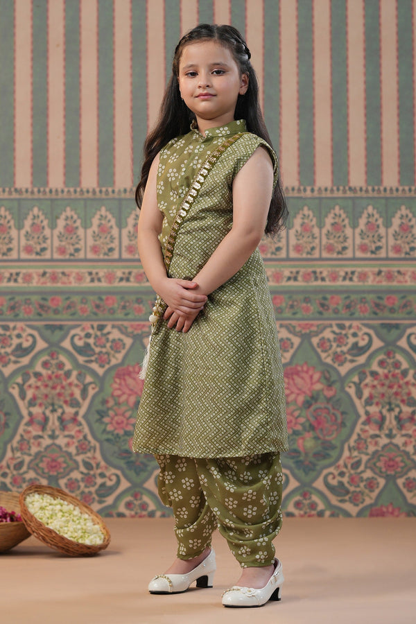 Green Muslin Silk Printed Bandhani Bandej Laced Cape And Dhoti Pant Set