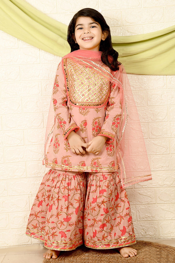 Pink Cotton Floral Garden Pattern Kurta Sharara Set