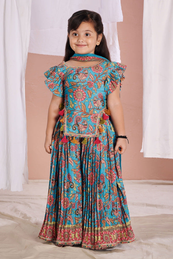 Blue Crepe Printed Kalamkari Tassled Blouse Sharara Set For Girls