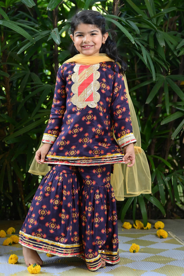 Blue Muslin Embroidered Gota Embellished Kurta Sharara Set