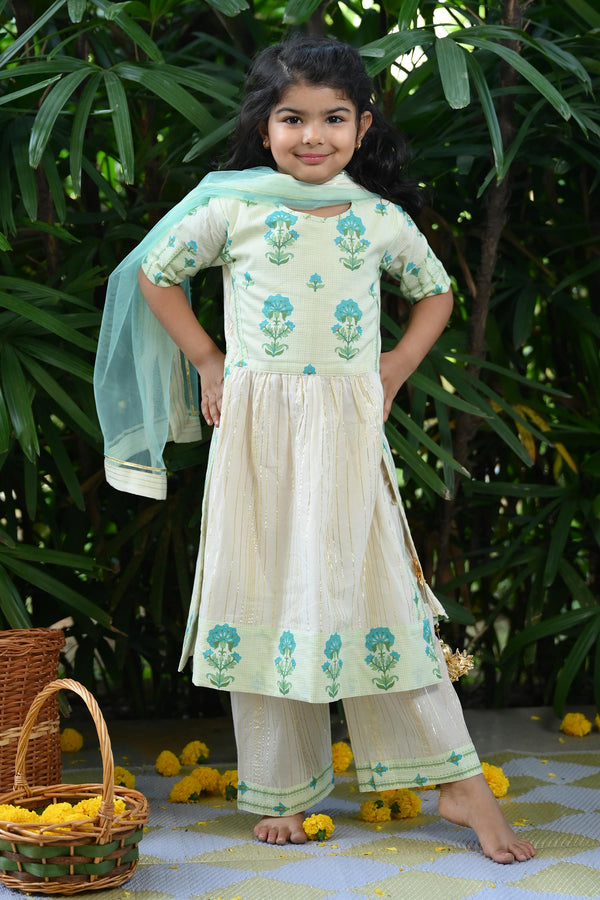Ivory Cotton Floral Pattern Long Kurta Pant Set For Girls