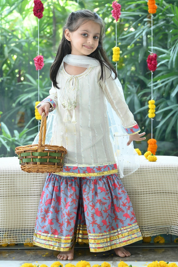 Ivory Cotton Embroidered Gota Kurta Sharara Set For Girls