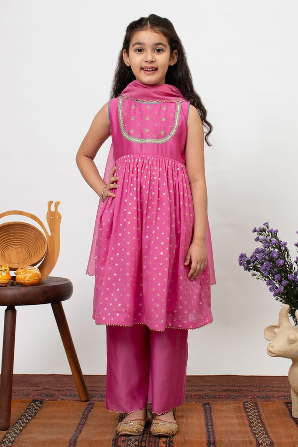 Pink Chanderi Silk Embroidered Floral Butti Pattern Anarkali Pant Set For Girls