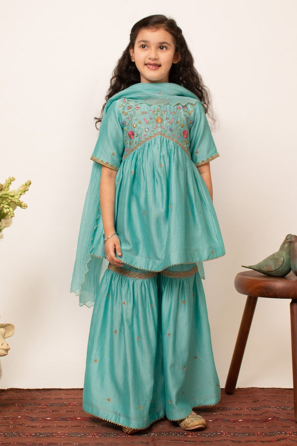 Blue Chanderi Silk Embroidered Floral Anarkali Sharara Set For Girls