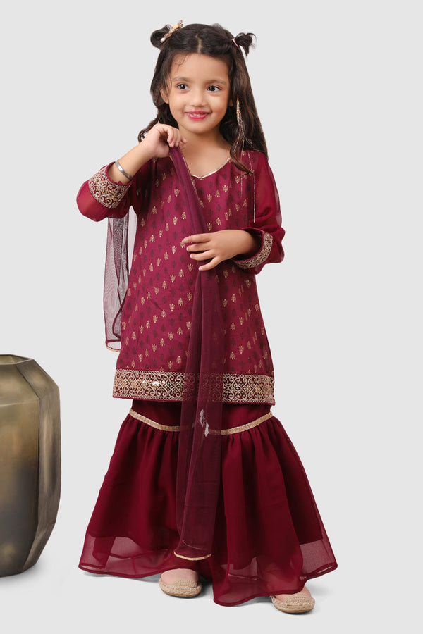 Wine Rayon Floral Pattern Kurta Sharara Set