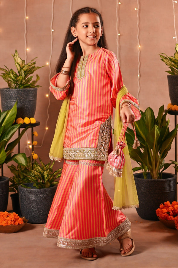 Multi Color Silk Printed Striped Kurta Sharara Set For Girls