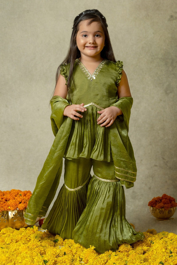 Green Tissue Plain Peplum Kurta Sharara Set