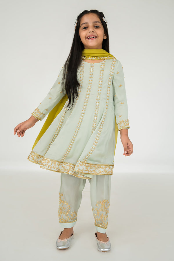 Green Anarkali And Salwar: Satin Organza Embroidery Leaf Line Set For Girls