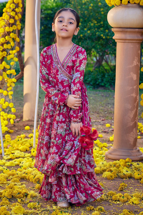 Fuchsia Viscose Georgette Zayna And Bead Angarkha Kurta & Sharara Set