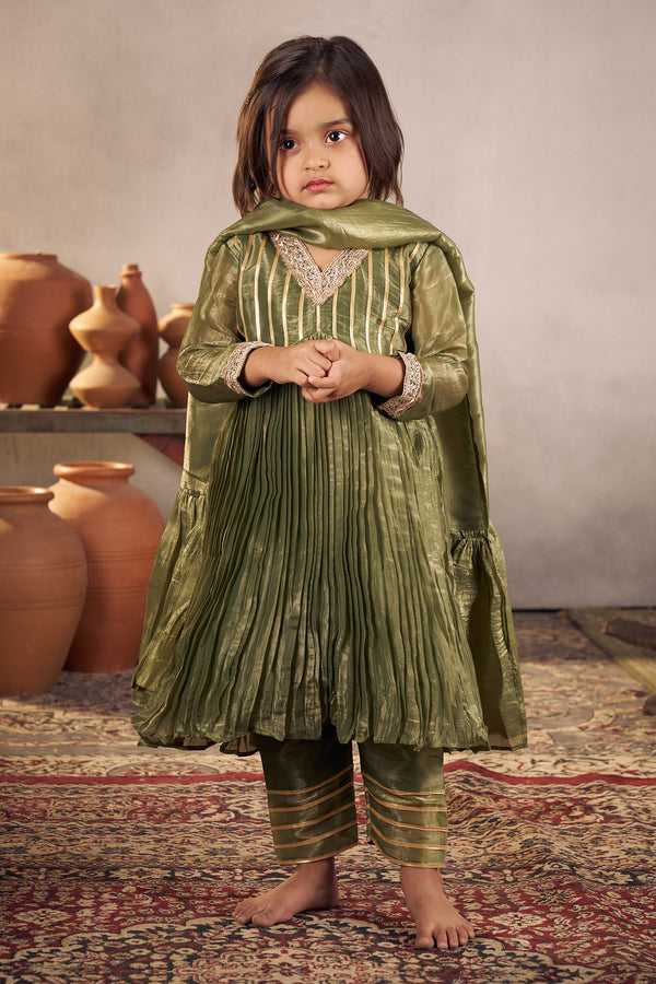 Green Tissue Lining Crepe Embellished Accordion Pleated Anarkali Set