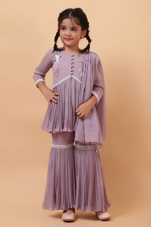 Purple Georgette Embroidered Cutdana Unicorn Peplum Kurta Sharara Set
