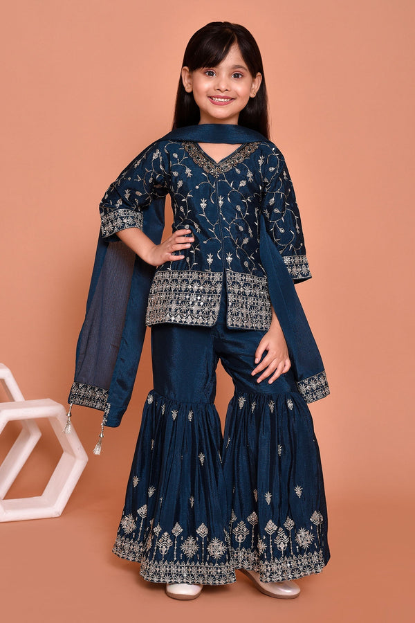 Blue Polyester Embroidered Zari Work Kurta Gharara Set
