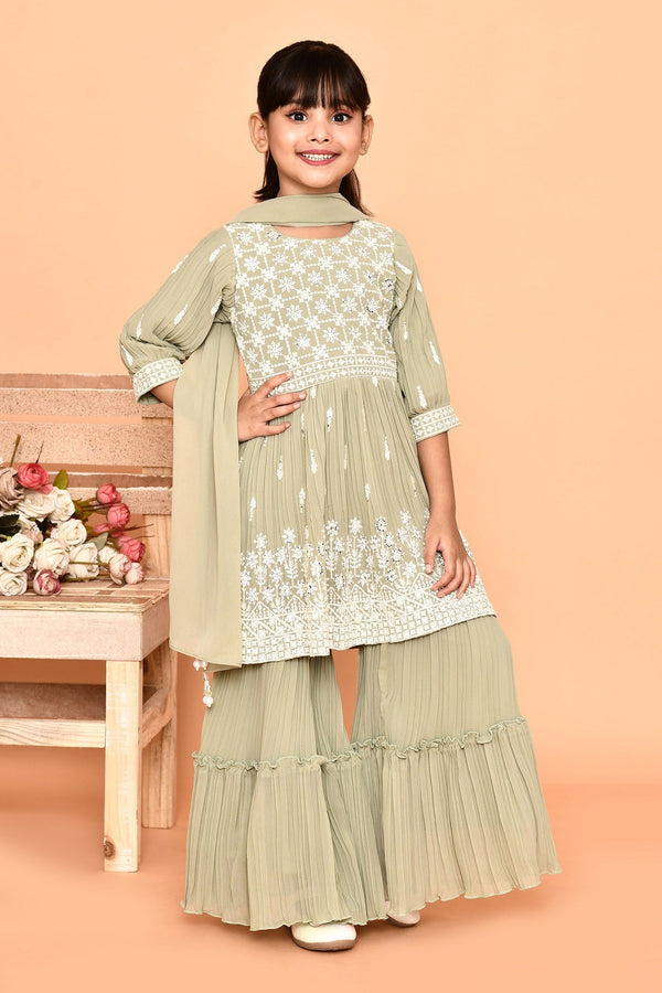 Green Polyester Embroidery Sequin Floral Peplum Kurta And Sharara Set