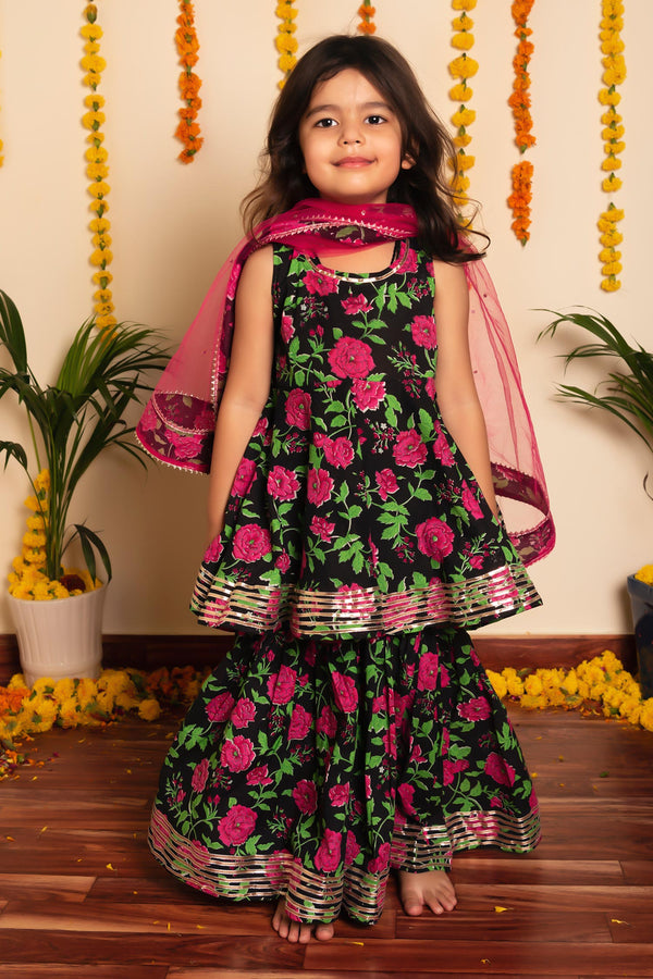 Black Peplum Kurta And Sharara Cotton Hand Block Printed Bachpan Gulmohar Set