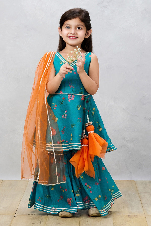 Green Cotton Print Floral Kurta And Sharara Set