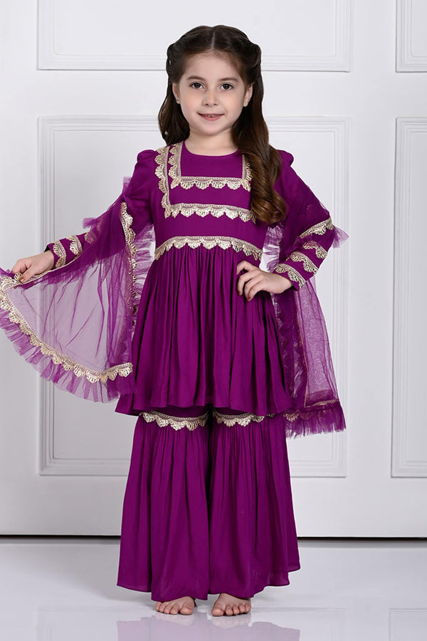 Purple Rayon Embellished Gota Amairah Anarkali Sharara Set
