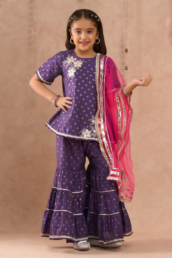 Purple Viscose Rayon Printed Foil Floral Embroidered Kurta Sharara Set