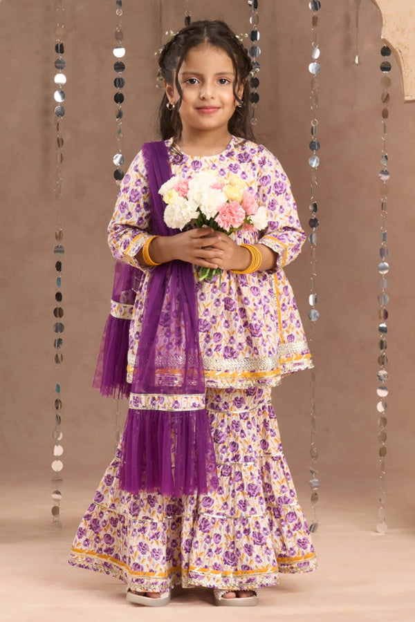 Purple Kurta And Sharara 100% Cotton Printed Floral Set