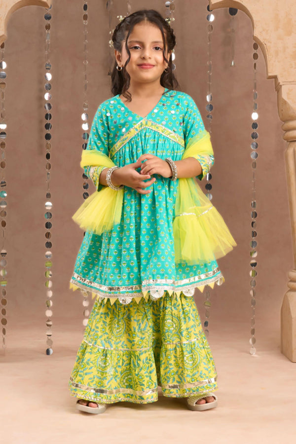 Green Kurta And Sharara 100% Cotton Printed Floral Set