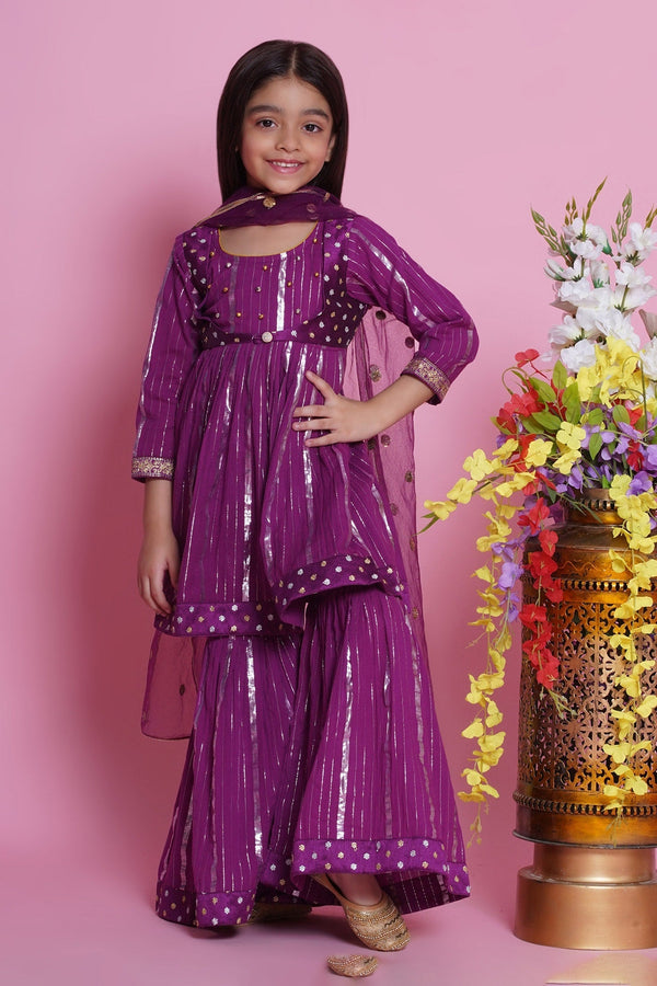 Purple Kurta And Sharara Cotton Lurex Embroidered Abstract Ghungroo Set