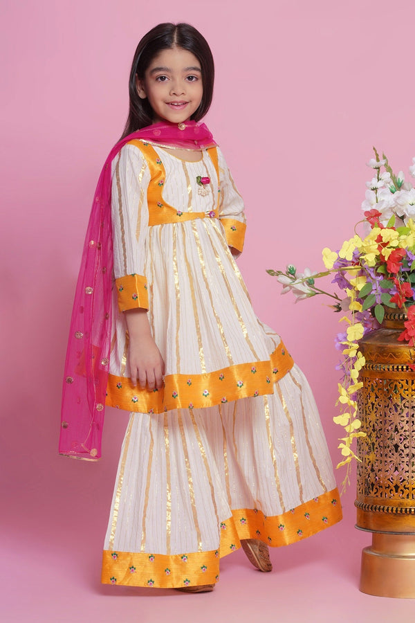 Cream Cotton Embroidered Floral Kurta Sharara Set